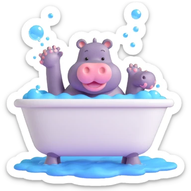 happy hippo with bubbles in bathtub sticker