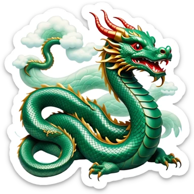 Cinematic Noble Chinese Serpent Dragon Portrait Emoji, Poised and majestic, with a sinuous, serpentine body adorned in intricately detailed scales of shimmering jade and soft vermilion, accented by delicate cloud motifs and subtle water ripple patterns; rendered with lifelike texture and gentle natural highlights, high shine, wise and enigmatic, styled with an aura of ancient dynastic grace, focused and regal, soft glowing outline, capturing the essence of a revered celestial dragon that appears ready to glide gracefully through the mists of time! sticker