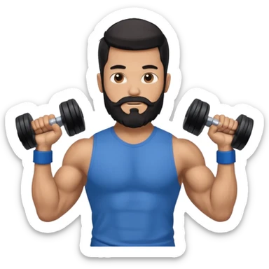 generate an ios genmoji of a 20 year old tan boy with long long long black beard that reaches his chest. Big biceps. wearing a blue shirt that fits his arms and carrying a dumbbel sticker