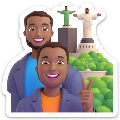 smiling black man with big teeth, standard male haircut, oval face, with Christ the Redeemer statue in the background, Rio de Janeiro, no glasses sticker