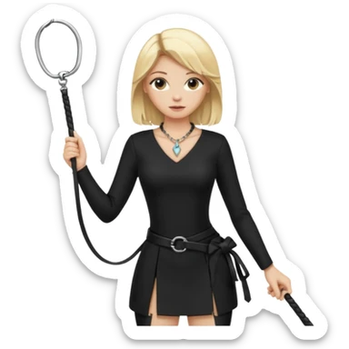 Dominatrix with blonde hair, black outfit, long key necklace, and a whip sticker