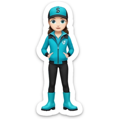 A landscaper in a beautiful turquoise jacket, turquoise rubber boots, and black pants. Over the turquoise jacket, she wears a black sleeveless vest. On her head, she wears a black Swissotel baseball cap. The girl is a brunette with blue eyes. sticker