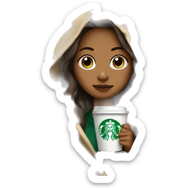 Brune girl inside a blanket beige,  sipping coffee starbucks  with big eyes green sticker
