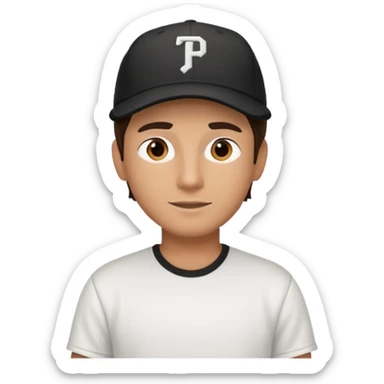 Male brunette movie producer black baseball hat white tshirt  sticker