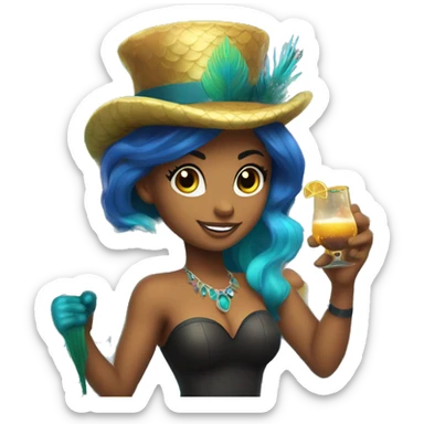 mermaid with peacock feathers for a tail and a toast face and a top hat and a pickaxe in her hand and in her other hand put in a claw machine sticker