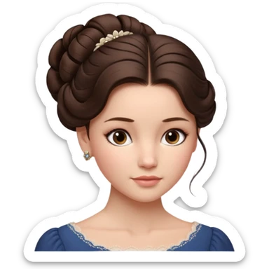 Cinematic Realistic Journal Portrait, depicted with lifelike skin texture, subtle rosy undertones, and soft natural lighting that enhances the gentle contours of her face. Her intricately detailed brunette hair is elegantly styled in an updo, sticker