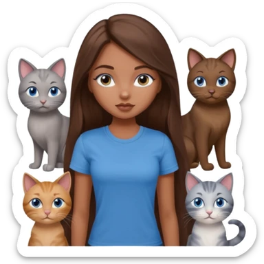a pretty bratz dusky girl with long brown hair, blue eyes with six cats nd wearing a grey tshirt sticker