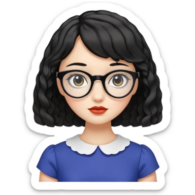 girl with black wavy French bob hair, black round eyes, white square eyeglasses, peplum top sticker