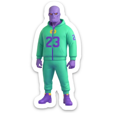 purple-skinned Thanos wearing a green Squid Game player tracksuit with number 230 sticker