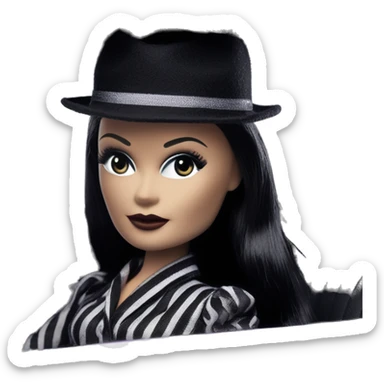 Bouclé Beauty Lingerie Barbie, Morticia Addams from academy, in dark-gray and black striped outfit with hat. Driving 1965 Mercedes 190 sticker