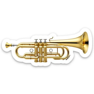 Create a professional and polished emoji representing the Brahner trumpet. The design should showcase the shiny brass body of the trumpet, with its distinct valves and bell. Highlight the smooth curves of the tubing and the elegant flared bell at the end. The valves should be visible with their metal buttons, and the mouthpiece should be positioned at the top of the instrument. Use bright gold and brass tones with reflective light effects to emphasize the trumpet’s polished, high-quality finish. Add subtle musical notes around the trumpet to evoke its bright, bold sound. The background should be transparent. sticker
