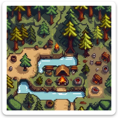 forest camping tile set with trees, tent, campfire, logs, river, rocks, and bushes sticker