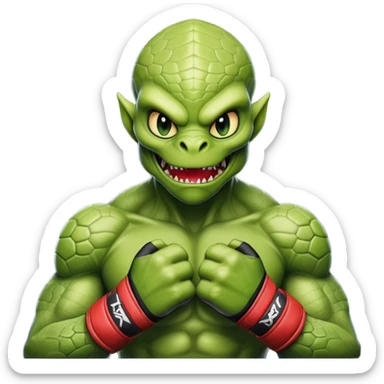 reptilian alien MMA fighter portrait, head and shoulders only, scaled skin, sharp teeth, fighter gloves, battle-ready expression, 3D cartoon, mobile game icon style, clean background, no text, no watermark
 sticker