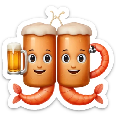 Design a trendy emoji-style illustration of two shrimp peeking from behind text, only half of their bodies visible, curious and playful expressions.
One shrimp holding a beer mug, the other pointing forward.
 sticker