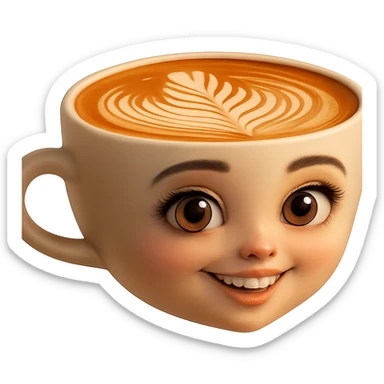 Edita la imagen para que el personaje de la taza de café  MANTENGA exactamente su estilo original,  y colores según la imagen de referencia. ELIMINA FONDO PARA QUE QUEDE TIPO EMOJI NO DBE TENER CUELLO.EL AZA O MANGA DE LA TAZA  DEBE SER COMPLETAMENTE VISIBLE sticker
