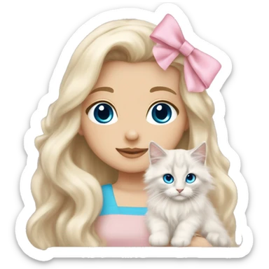 pale blonde girl with long platinum white wavy hair with bright blue eyes and wearing a light pink hair bow holding a beige long haired main coon kitten also wearing a hair bow sticker