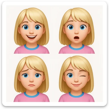 Create four different facial expressions: happy, surprised, sad, and winking. Keep the character with blonde hair with bangs, wearing a pink blouse, and having blue eyes. The style should resemble emoji style as closely as possible. sticker