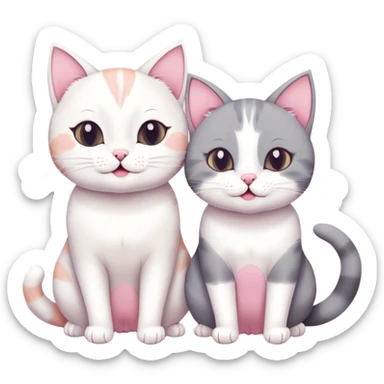 This is a simple and adorable cartoon illustration with a healing-style aesthetic. The image features two cats. The one on the bottom is round and white, with pink blush on its cheeks and a cheerful little mouth, giving it a cute expression. The cat on top is mainly gray and white. Its head, ears, back, and tail are gray, while the center of its face, around its mouth, and its chin are white. Its front paws are also mostly white, and the gray areas form a symmetrical mask-like pattern. Additionally, it has a slight pink blush on its cheeks, making it look very cute. Its expression is calm but slightly lazy. The two cats are stacked on top of each other, resting on a green cushion, creating a warm and delightful scene. sticker