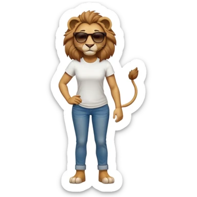 friendly anthropomorphised female lion character, full body, standing confidently with legs shoulder width apart and arms folded, wearing jeans, a white t-shirt, and dark sunglasses, with a confident smile sticker