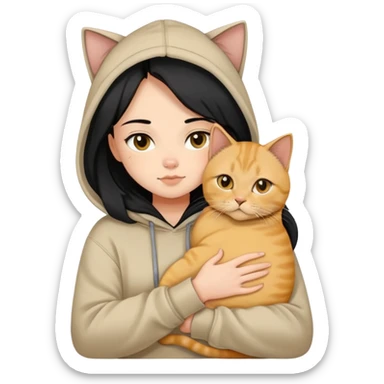  girl black long hair beige hoodie cuddling a british shorthair golden cat sticker