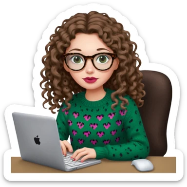 a european white young woman with long wavy/curly brown hair typing in a computer, she's using dark brown leopard glasses and knit green sweate, her lips are light red and her cheeks slightly pink sticker