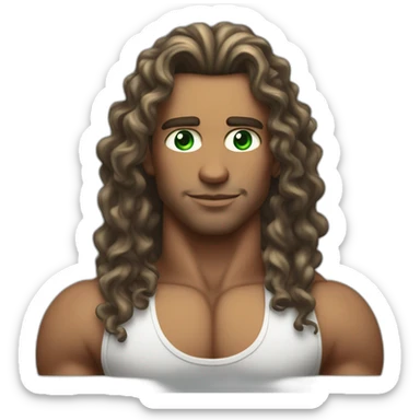 Bodybuilder with green eyes and long brow curly hair model face etc rizz god  sticker