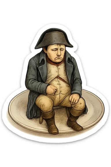 Сгенерируй мне такую же тарелку, только чтобы на ней сидел наполеон бонапарт, грустный, в чуть чуть рваной одежде. ТОРТ УБЕРИ ПОЛНОСТЬЮ. На прозрачной фоне. Наполеон должен быть цветной sticker