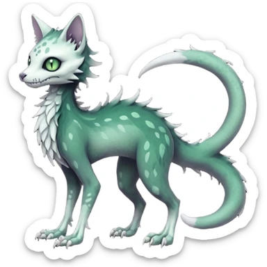 Scaley Kawaii spectral spooky dark bleak blackish swampy white-skeletal gloomy ghostly dark greyish dark-deep-greenish foggy eldritch beautiful realistic edgy fantasy ghoul-like stitched feline-vernid-sergal-fursona animal creature with a tufted tail full body with intricate markings  sticker