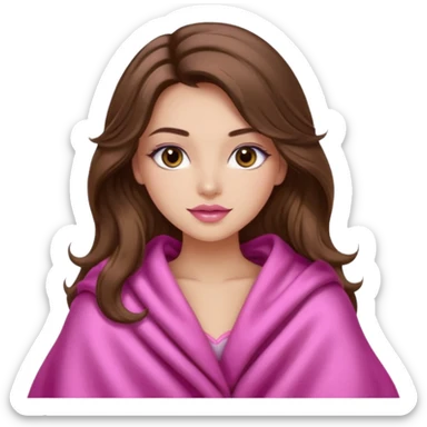 girl with long wavy brown hair, brown eyes, long lashes makeup, sexy pink lips, light to medium complexion, wearing a pink sexy silk top, big blanket over cozy  sticker