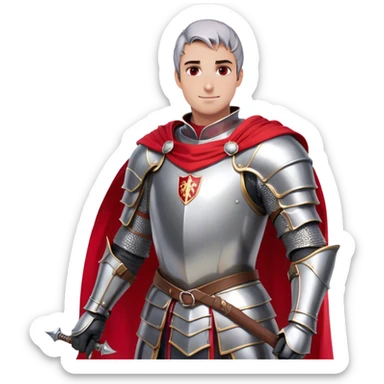 side-view RPG character asset in a clean. The character is a brave knight with exaggerated, rounded features and minimal linework. They wear polished armor in silver tones, with a bright red cape flowing behind them. The face should have large, expressive eyes and a friendly smile that’s clearly visible even from the side view. Keep proportions simple and cartoony. The stance is slightly turned to emphasize the character’s side profile (facing right), with one hand on the hip and the other resting on a sheathed sword at the waist. The colors should be vibrant and easy to read, with smooth shading reminiscent of typical emoji designs. Include two variations: one idle pose and one simple walking pose, each capturing the playful, streamlined look of emoji-like characters. sticker