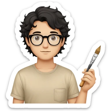 Young caucasian man with black wavy hair, round glasses, beige painting shirt, holding a square paintbrush sticker