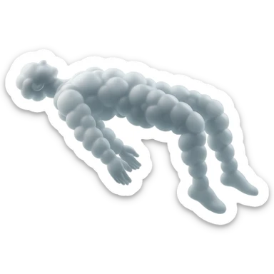 side view of unconscious person flying with torso upwards, legs and arms downwards, made of small very bright white fluffy convex clouds, matte glass style sticker