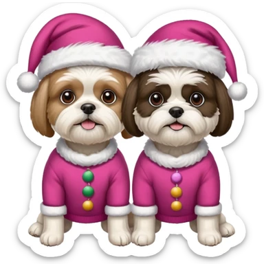 two dogs one little white all over shih tzu dog with pink santa hat and one bigger mostly white with black havanese dog wearing red christmas sweater and red christmas hat sticker