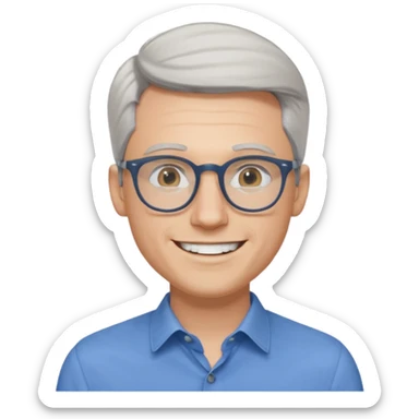 30 yr old pale white man, white/grey side swept stylish hair, round glasses, big smile, white teeth, handsome, longer hair, thin glasses, blue dress shirt sticker