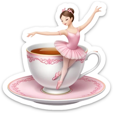 Elegant china tea cup with saucer wearing pink ballet slippers and performing an arabesque sticker