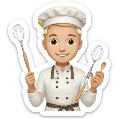 Male Young Pastry Chef – smiling, holding whisk and mixing bowl. sticker