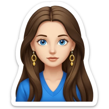 
Create an emoji of a brunette with blue eyes. She should have long hair, stylish clothing, and a friendly facial expression. Add some accessories like earrings or glasses to make the look more interesting. sticker