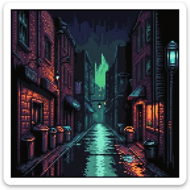 Pixel art background, dark Gotham City alley at night, flickering neon signs, wet asphalt, trash bins, moody streetlight, silhouettes in windows, Sega fighting game style
 sticker