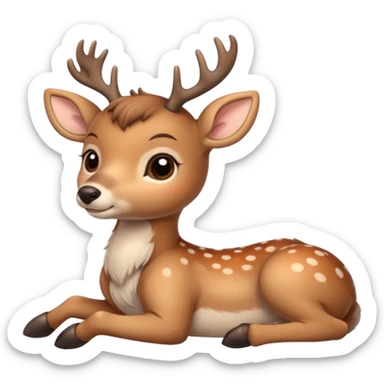 Cute beige deer lying down, legs folded, soft fur with lighter spots, big eyes, gentle smile, short antlers, simple cartoon style. sticker