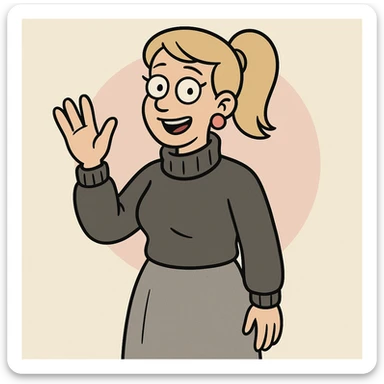 Women Medium Blonde median ponytail hair pink circle earrings Charcoal Athens Merino Wool Roll Neck Jumper Grace skirt a hand say hello sticker