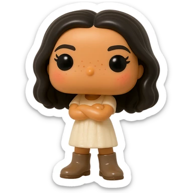 Create a Funko Pop style vinyl figure with superior quality, smooth tanned skin, detailed dark hair, textured feminine cream dress, greige leather boots clearly visible, arms crossed, rosy cheeks, very discreet freckles, eyelashes, mischievous and cheerful expression, no mouth, transparent background. sticker