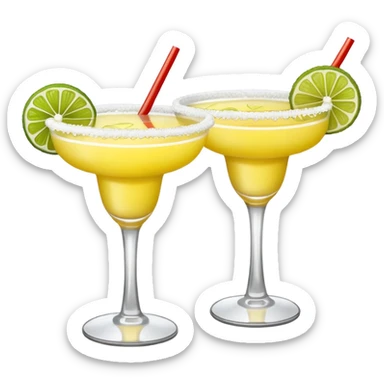 2 margarita cocktails. one is the classic margarita: yellowy with salt on the rim and a lemon. the other one is a spicy margarita: slightly more red color with a small red chili pepper instead of a lemon on the rim  sticker