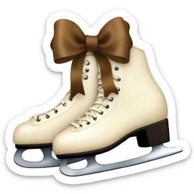 Cream color pair of ice skates hanging from a brown bow tied  sticker