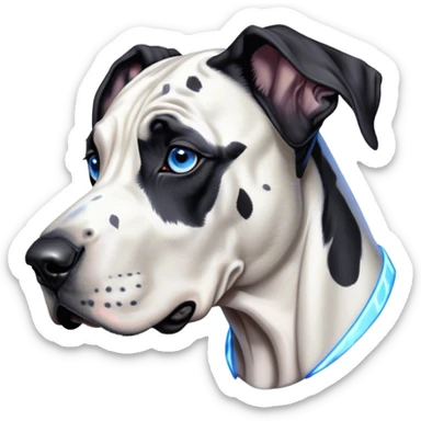 Cinematic Noble Harlequin Great Dane Portrait Emoji, Poised and regal, with a towering, muscular build and a striking coat of predominantly white with bold black patches, deep-set soulful blue eyes, Simplified yet sharp and sophisticated features, highly detailed, glowing with a soft, dignified glow, high shine, intelligent and loyal, stylized with an air of majesty, focused and attentive, soft glowing outline, capturing the essence of a watchful and confident guardian, so majestic it feels as though it could stride out of the screen with effortless authority! sticker