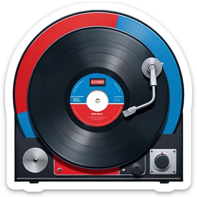 Icon for Vinyl Record Collecting: large black? red and blue vinyl records in decorative packaging featuring artist images, neatly arranged on a wall or shelf, vinyl record player. The icon should reflect the aesthetic and artistic aspect of collecting vinyl records. Transparent background. sticker