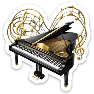 Create an elegant and festive emoji collage representing keyboard instruments, styled like a heraldic emblem. The design should feature a central focal point of black and white piano keys, arranged in a semi-circular or shield-like shape. Around the piano keys, add intertwining musical notes that form flowing ribbons, creating a dynamic and celebratory atmosphere. The design should be professional, with polished silver and gold accents on the keys and notes, highlighting the luxury and sophistication of the instruments. Add subtle shading and lighting effects to give the design a refined, 3D appearance. The background should remain transparent, and the overall feel should evoke grandeur, artistry, and a sense of celebration. sticker