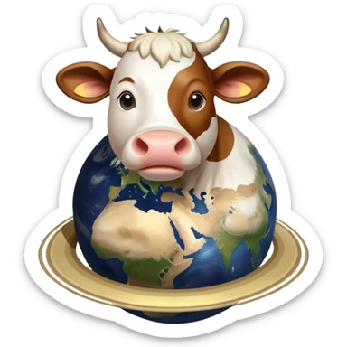 A cow with its head attached to planet Saturn as its body, with Saturn's rings around the middle, and giant realistic human feet at the bottom sticker