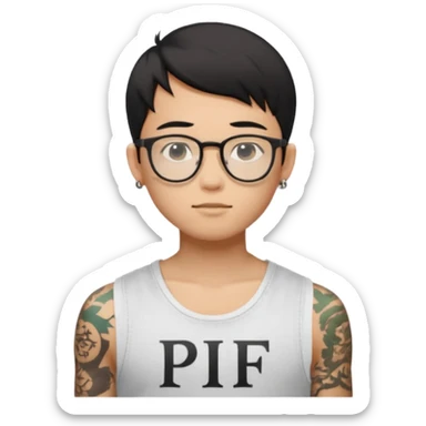A young boy WITH A laptop, black straight short hair, wearing glasses, wearing a tanktop, has tattoos, he is asian

Add the letters "PIF" floating around him sticker