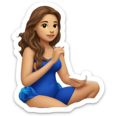 a girl with brown hair in a blue swimsuit sits on the sand by the sea and looks at the sunset in her hand holds a notebook in which the sea and sunset are drawn sticker