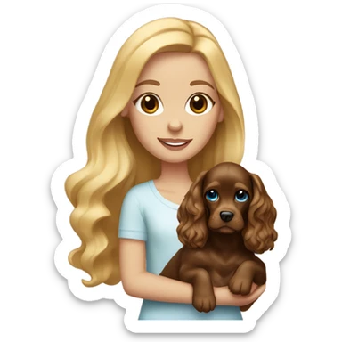 Blonde girl with blue eyes holding a golden brown english cocker spaniel sticker